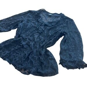 ECI New York Woman Black Silk Blend Burnout Floral Ruffle Blouse Plus Size 3X